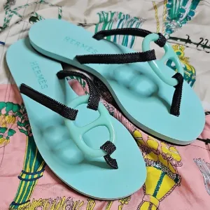 Hermès Kala Turquoise Aqua Flip Flop Sandals with Black Straps H Logo 36/6