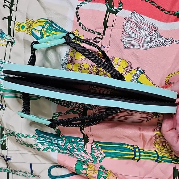 Hermès Kala Turquoise Aqua Flip Flop Sandals with Black Straps H Logo 36/6