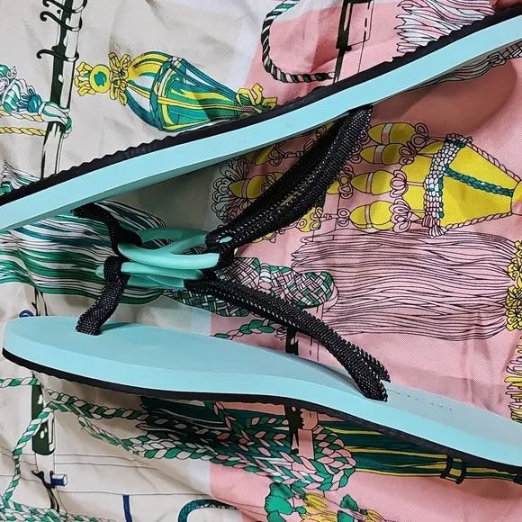 Hermès Kala Turquoise Aqua Flip Flop Sandals with Black Straps H Logo 36/6