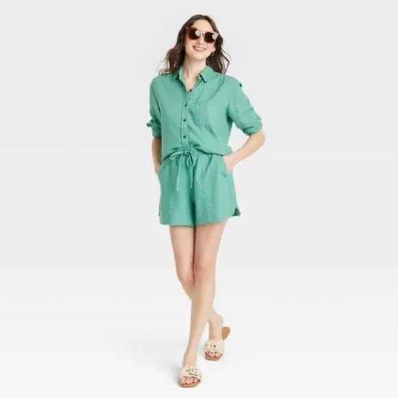 High-Rise Linen Pull-On Shorts Universal Thread Target Green