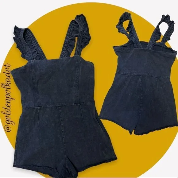 HONEY Punch Black Denim Ruffle Jumper Shorts Onesie Size Lg Retail $68
