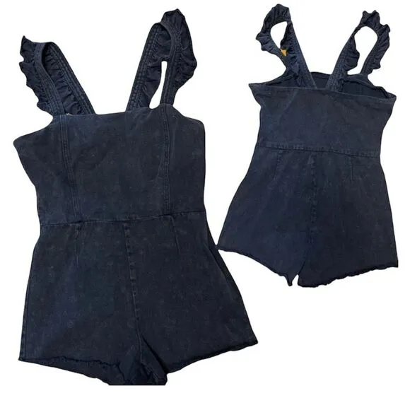 HONEY Punch Black Denim Ruffle Jumper Shorts Onesie Size Lg Retail $68