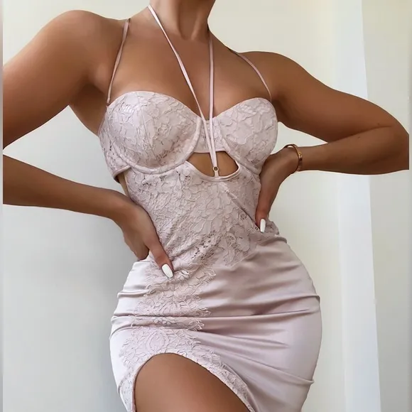 HOUSE OF CB 'Georgia' Crystal Satin and Lace Midi Dress
