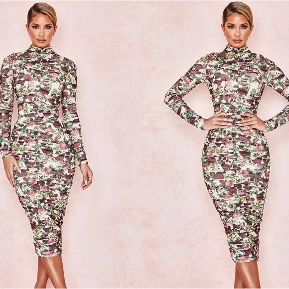 HOUSE OF CB 'Roseanne' Vintage Floral Ruched Midi Dress NWOT