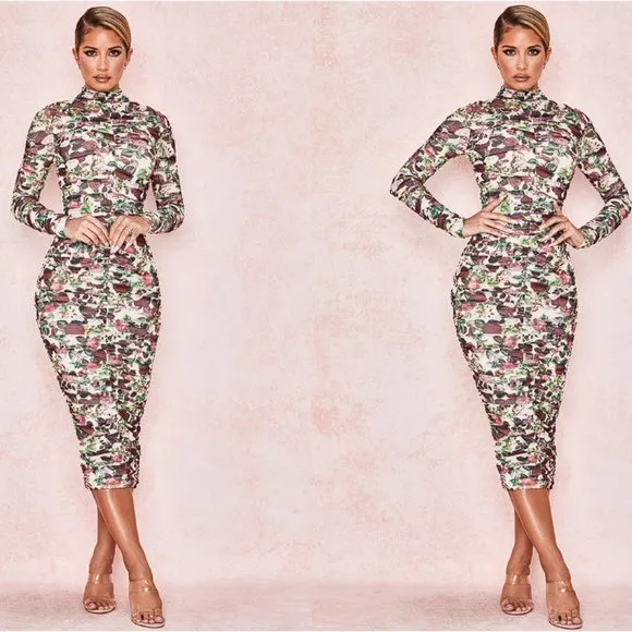 HOUSE OF CB 'Roseanne' Vintage Floral Ruched Midi Dress NWOT