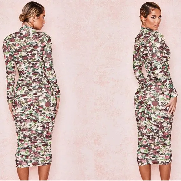 HOUSE OF CB 'Roseanne' Vintage Floral Ruched Midi Dress NWOT