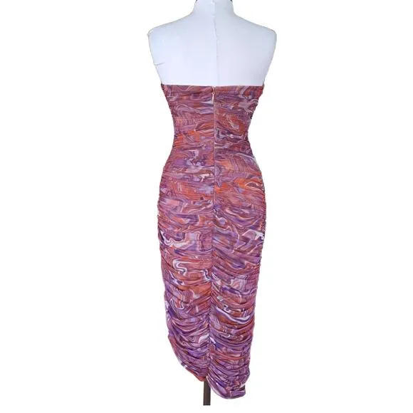 House of CB Sasha Purple Swirl Strapless Ruched Midi Dress Size Large 8-10
