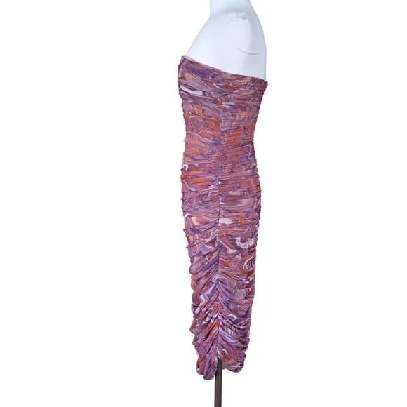 House of CB Sasha Purple Swirl Strapless Ruched Midi Dress Size Large 8-10