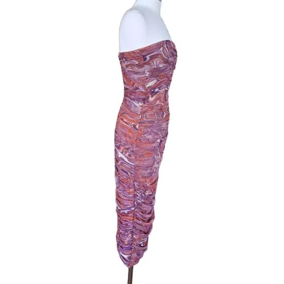 House of CB Sasha Purple Swirl Strapless Ruched Midi Dress Size Large 8-10