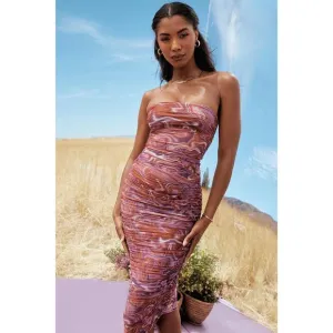House of CB Sasha Purple Swirl Strapless Ruched Midi Dress Size Large 8-10