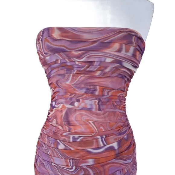 House of CB Sasha Purple Swirl Strapless Ruched Midi Dress Size Large 8-10