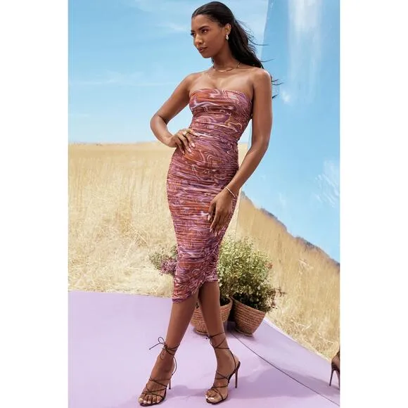 House of CB Sasha Purple Swirl Strapless Ruched Midi Dress Size Large 8-10
