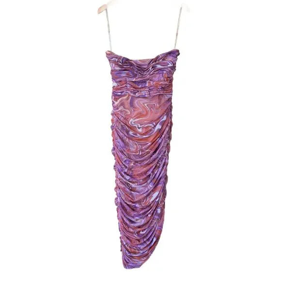 House of CB Sasha Purple Swirl Strapless Ruched Midi Dress Size Large 8-10