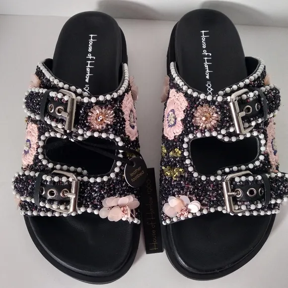 House of Harlow 1960 Black Embellished, Beaded Flowers, Buckle Strap Sandals