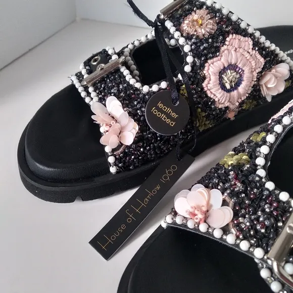House of Harlow 1960 Black Embellished, Beaded Flowers, Buckle Strap Sandals