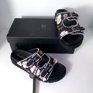 House of Harlow 1960 Black Embellished, Beaded Flowers, Buckle Strap Sandals