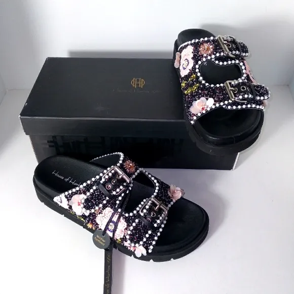House of Harlow 1960 Black Embellished, Beaded Flowers, Buckle Strap Sandals