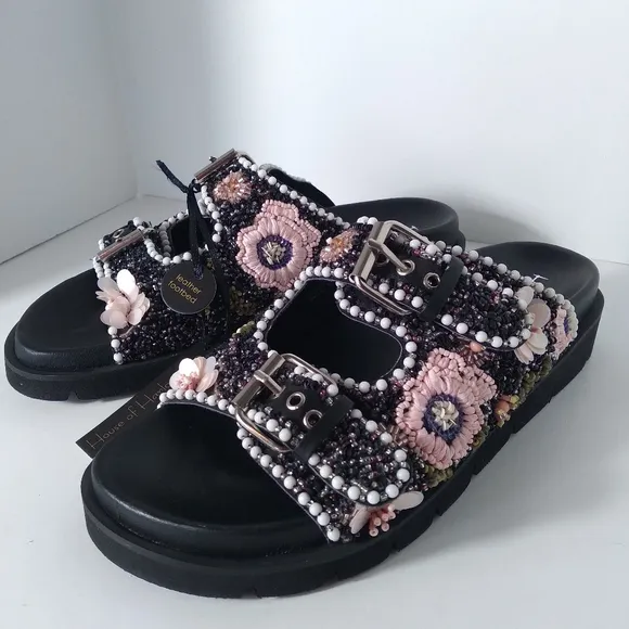 House of Harlow 1960 Black Embellished, Beaded Flowers, Buckle Strap Sandals