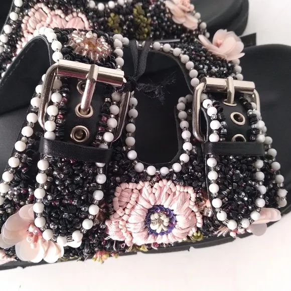 House of Harlow 1960 Black Embellished, Beaded Flowers, Buckle Strap Sandals