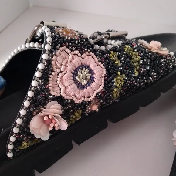 House of Harlow 1960 Black Embellished, Beaded Flowers, Buckle Strap Sandals