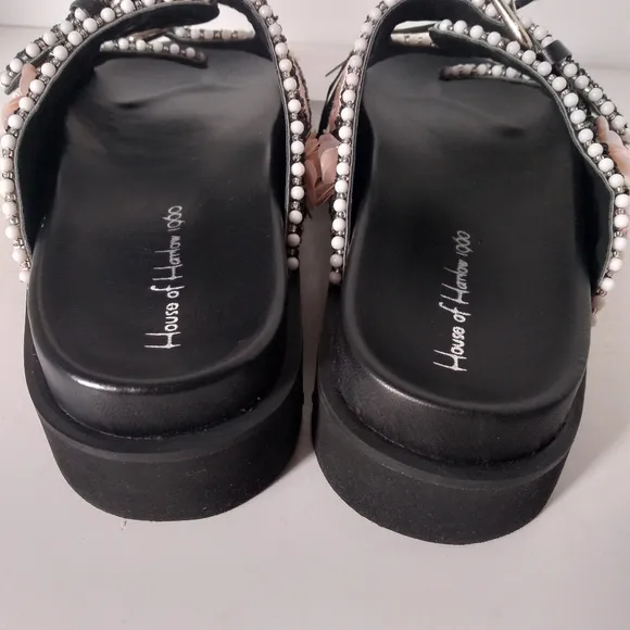 House of Harlow 1960 Black Embellished, Beaded Flowers, Buckle Strap Sandals