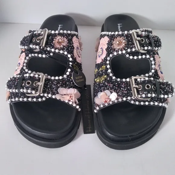 House of Harlow 1960 Black Embellished, Beaded Flowers, Buckle Strap Sandals