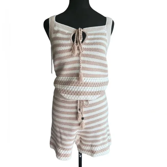 House of Harlow 1960 Tan &amp; Cream Crochet Striped Two-Piece Set - Size S