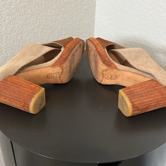 HUMA BLANCO TwoTone Beige/Brown Suede Cross Band Wood Block Heel Sandal, Size 36