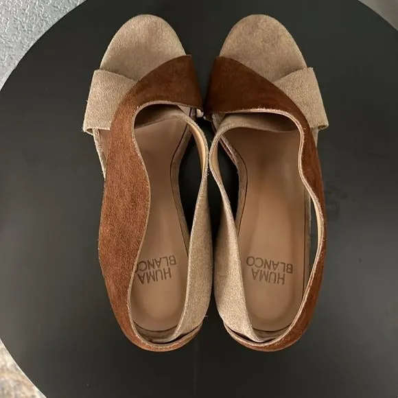 HUMA BLANCO TwoTone Beige/Brown Suede Cross Band Wood Block Heel Sandal, Size 36