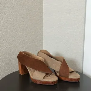 HUMA BLANCO TwoTone Beige/Brown Suede Cross Band Wood Block Heel Sandal, Size 36