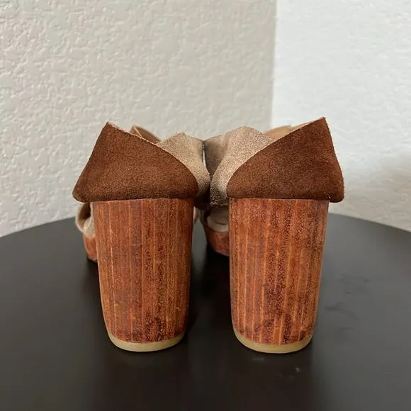 HUMA BLANCO TwoTone Beige/Brown Suede Cross Band Wood Block Heel Sandal, Size 36