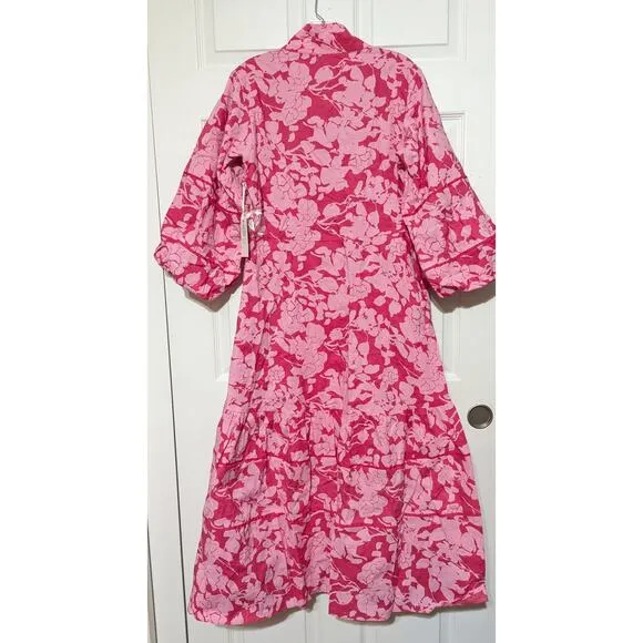 Hyacinth House  Pink Textured Floral Hillsborough Midi Dress Women's Size M