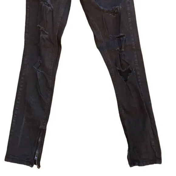 Hyper Denim Punk Slim Fit Distressed Black Goth Side Zip Jeans Skinny Size 30