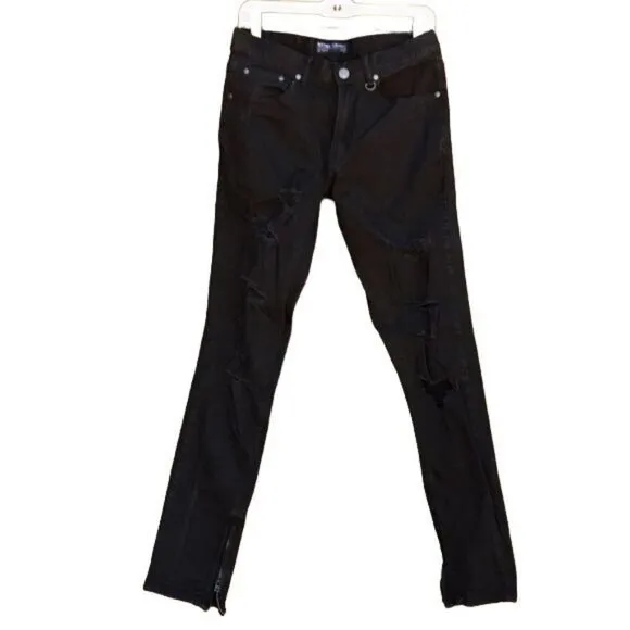 Hyper Denim Punk Slim Fit Distressed Black Goth Side Zip Jeans Skinny Size 30