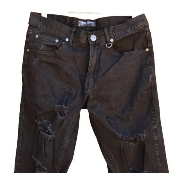 Hyper Denim Punk Slim Fit Distressed Black Goth Side Zip Jeans Skinny Size 30