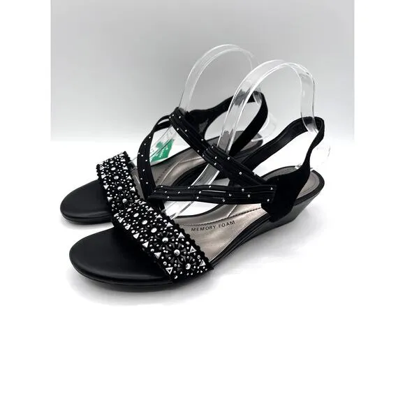 IMPO WOMENS 'GATRINA' EMBELLISH BLACK STRETCH WEDGE SANDALS SIZE 10M NEW