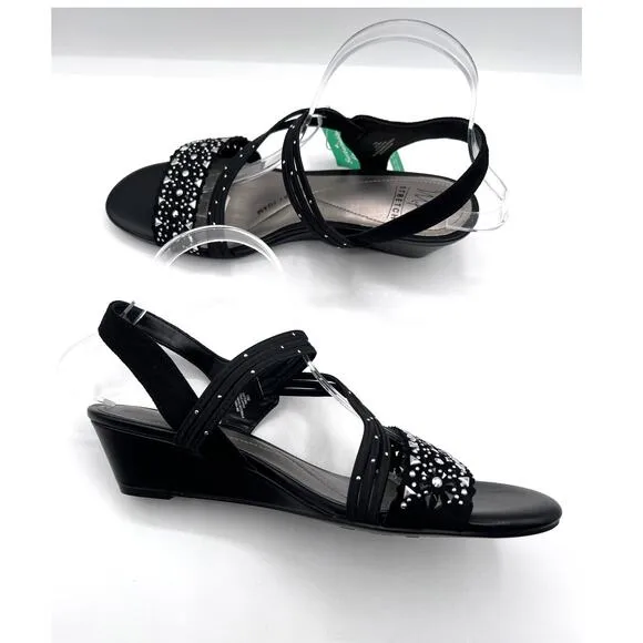 IMPO WOMENS 'GATRINA' EMBELLISH BLACK STRETCH WEDGE SANDALS SIZE 10M NEW