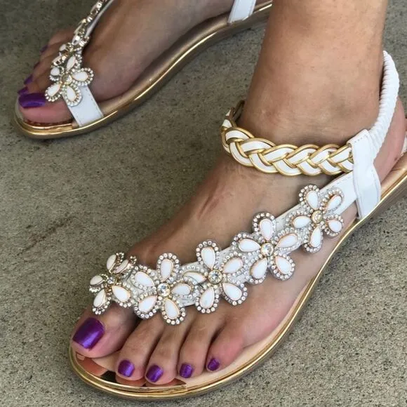 Italina Fuzzy Black Daisy Floral Rhinestone Gold Woven Sandals