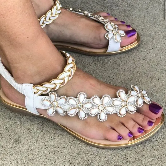 Italina Fuzzy Black Daisy Floral Rhinestone Gold Woven Sandals