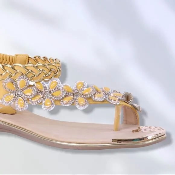 Italina Fuzzy Black Daisy Floral Rhinestone Gold Woven Sandals