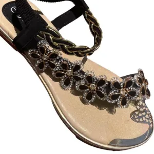 Italina Fuzzy Black Daisy Floral Rhinestone Gold Woven Sandals