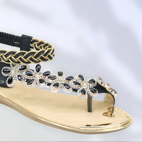 Italina Fuzzy Black Daisy Floral Rhinestone Gold Woven Sandals