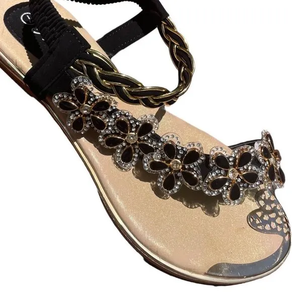 Italina Fuzzy Black Daisy Floral Rhinestone Gold Woven Sandals