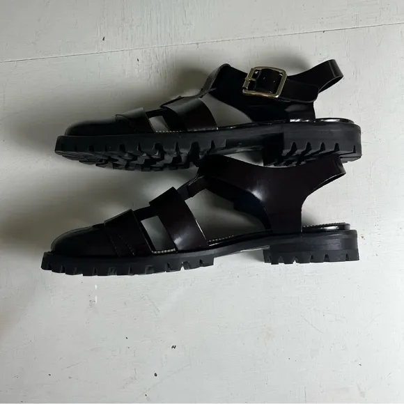 J. CREW- Fisherman Lug Sole Sandals Rich Hickory Strappy Buckle Slip On Shoe