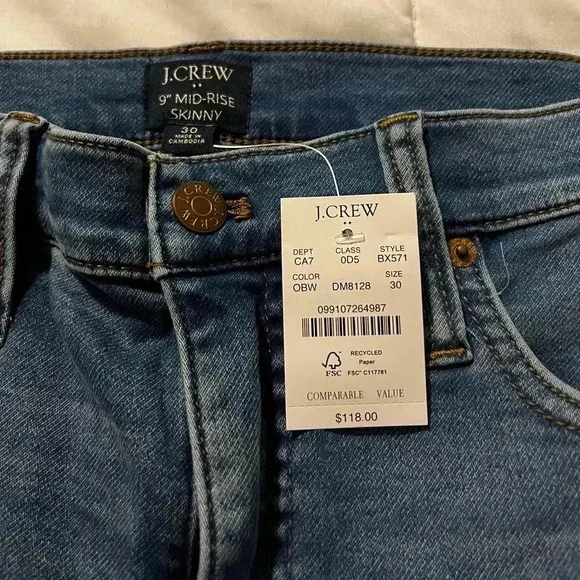 J Crew Jeans Skinny Ankle Blue Denim Signature Stretch NWT Size 30 Mid Rise