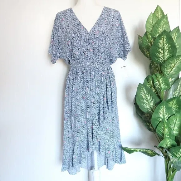 J. Crew Mercantile Blue &amp; White Floral Ruffle Wrap Surplice V-neck Midi Dress