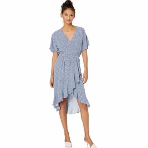 J. Crew Mercantile Blue &amp; White Floral Ruffle Wrap Surplice V-neck Midi Dress