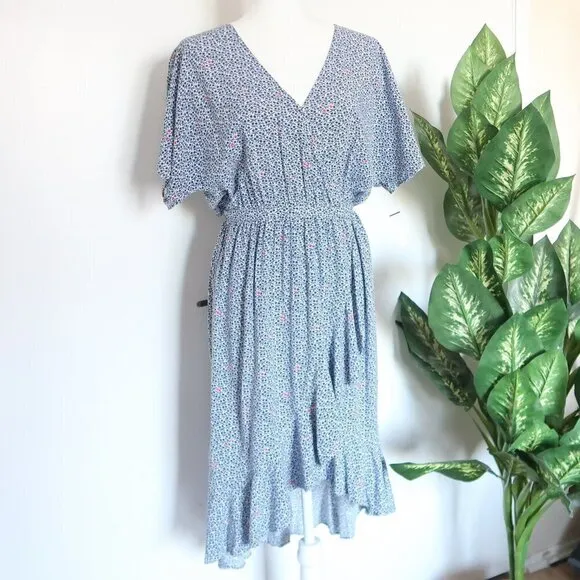 J. Crew Mercantile Blue &amp; White Floral Ruffle Wrap Surplice V-neck Midi Dress