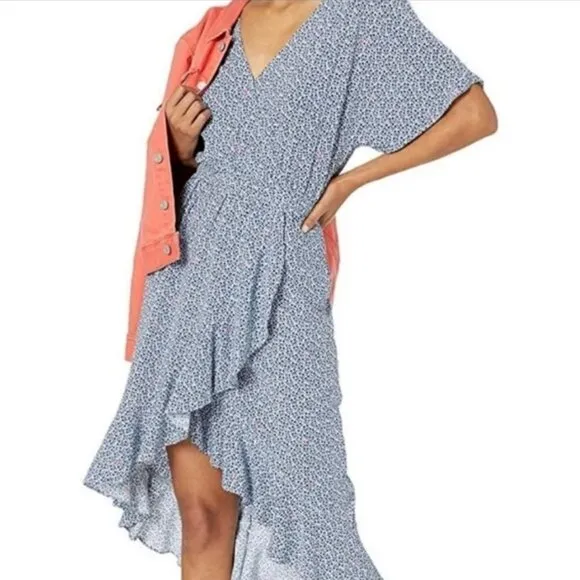 J. Crew Mercantile Blue &amp; White Floral Ruffle Wrap Surplice V-neck Midi Dress
