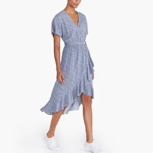 J. Crew Mercantile Blue &amp; White Floral Ruffle Wrap Surplice V-neck Midi Dress